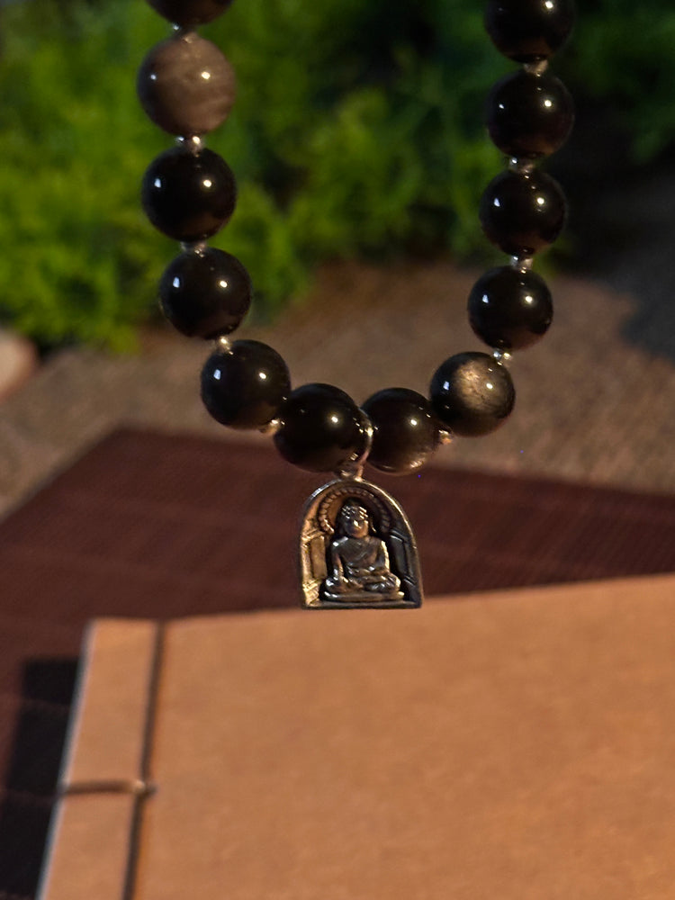 AAA Natural Black Obsidian Buddha Bracelet · 925 Sterling Silver Bulguksa Buddha Pendant · Buddhist Prayer Bead Bracelet