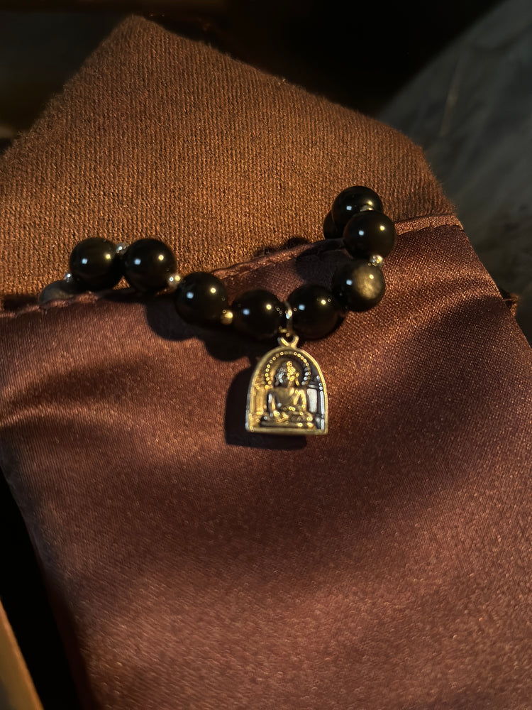 AAA Natural Black Obsidian Buddha Bracelet · 925 Sterling Silver Bulguksa Buddha Pendant · Buddhist Prayer Bead Bracelet