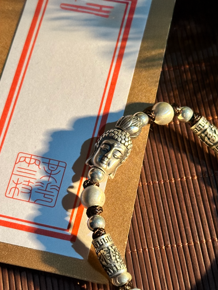 999 Fine Silver Buddha Head Bracelet | Handcrafted Buddhist Charm Bead Bracelet