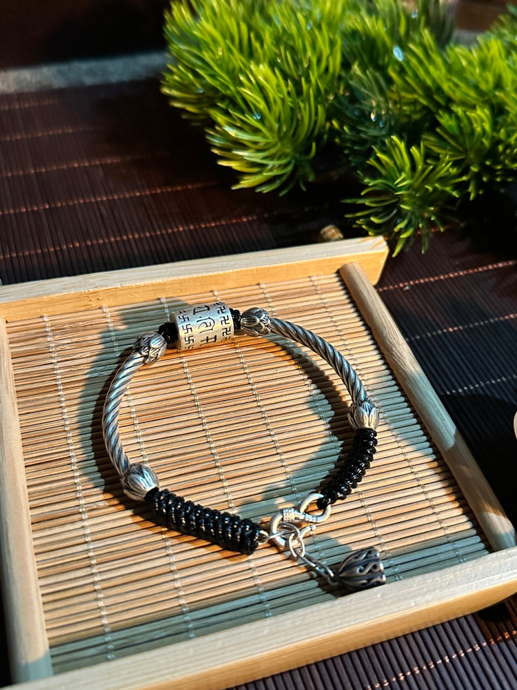 999 Fine Silver Lotus Sutra Mantra Buddhist Bangle Bracelet | Handcrafted Heart Sutra Cuff