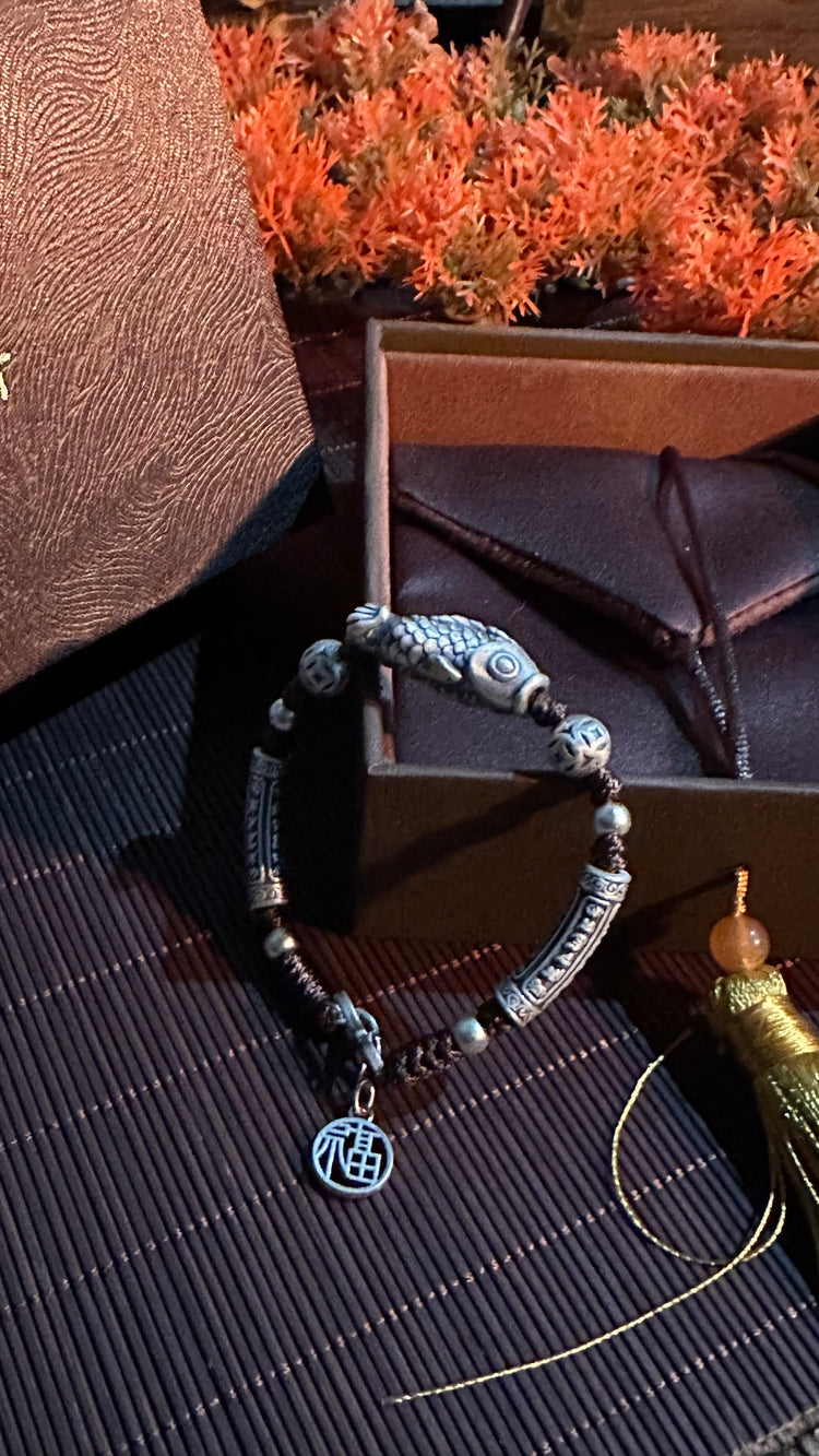 999 Fine Silver Koi Fish Buddhist Chain Bracelet | Handcrafted Prosperity Charm