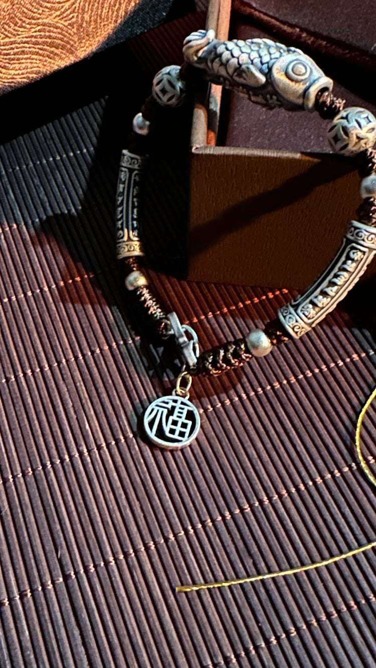 999 Fine Silver Koi Fish Buddhist Chain Bracelet | Handcrafted Prosperity Charm