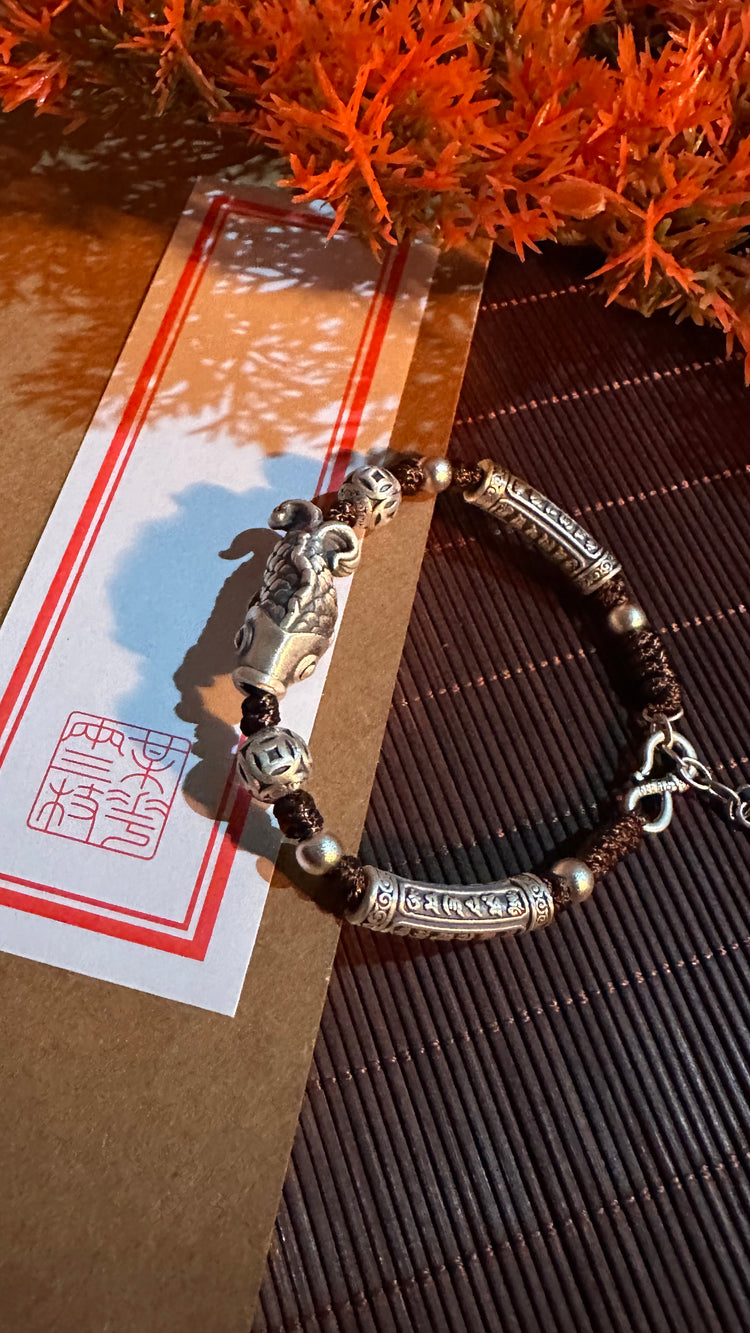 999 Fine Silver Koi Fish Buddhist Chain Bracelet | Handcrafted Prosperity Charm
