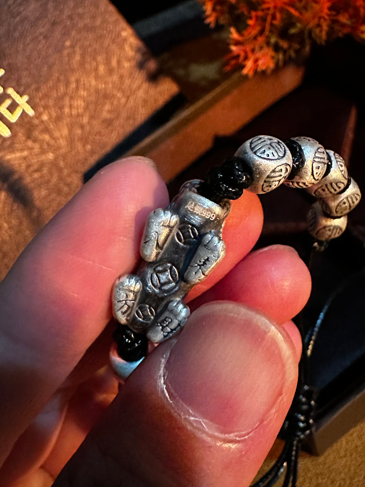 999 Fine Silver Pixiu Buddhist Bangle Bracelet | Handcrafted Wealth Guardian Cuff