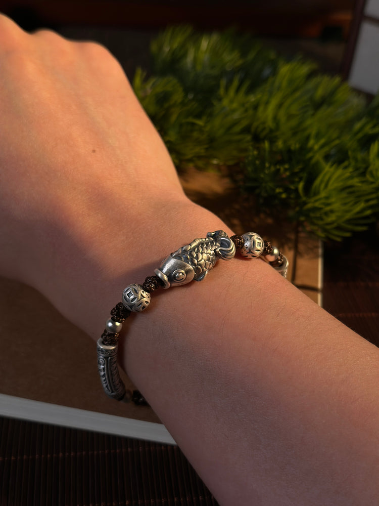 999 Fine Silver Koi Fish Buddhist Chain Bracelet | Handcrafted Prosperity Charm