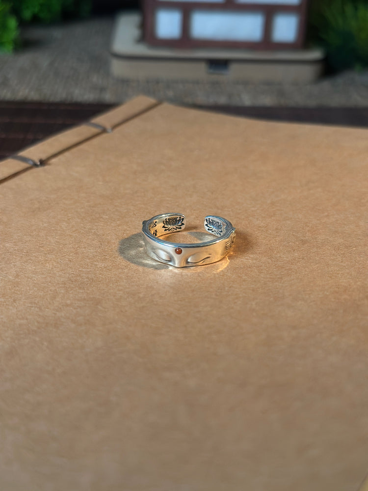 925 Sterling Silver Buddha Face Sutra Ring | Handcrafted Buddhist Mantra Open Band