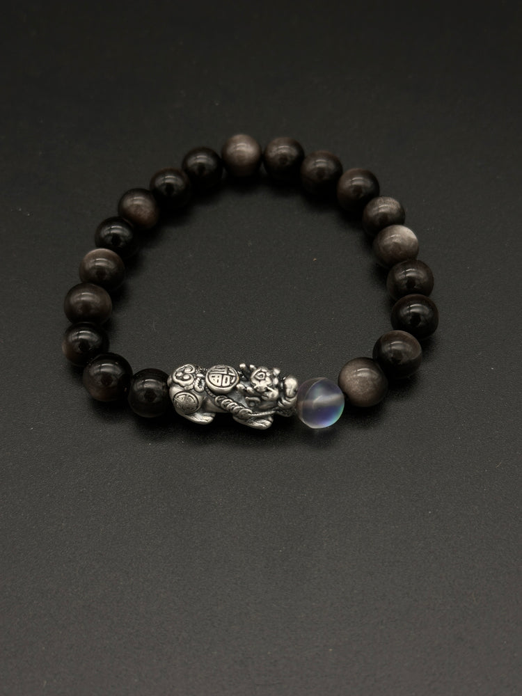 AAA Natural Black Obsidian Pixiu Bracelet · 999 Fine Silver · Moonstone · Feng Shui Wealth Protection Bracelet