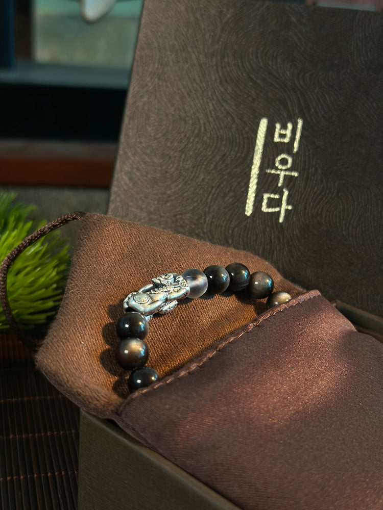 AAA Natural Black Obsidian Pixiu Bracelet · 999 Fine Silver · Moonstone · Feng Shui Wealth Protection Bracelet