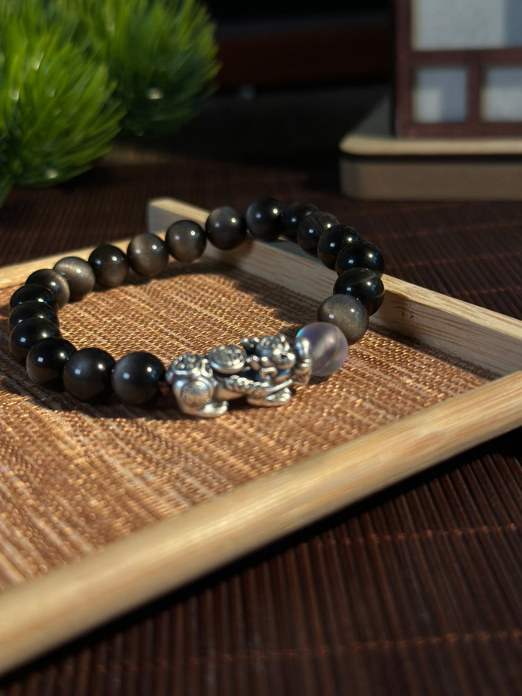 AAA Natural Black Obsidian Pixiu Bracelet · 999 Fine Silver · Moonstone · Feng Shui Wealth Protection Bracelet