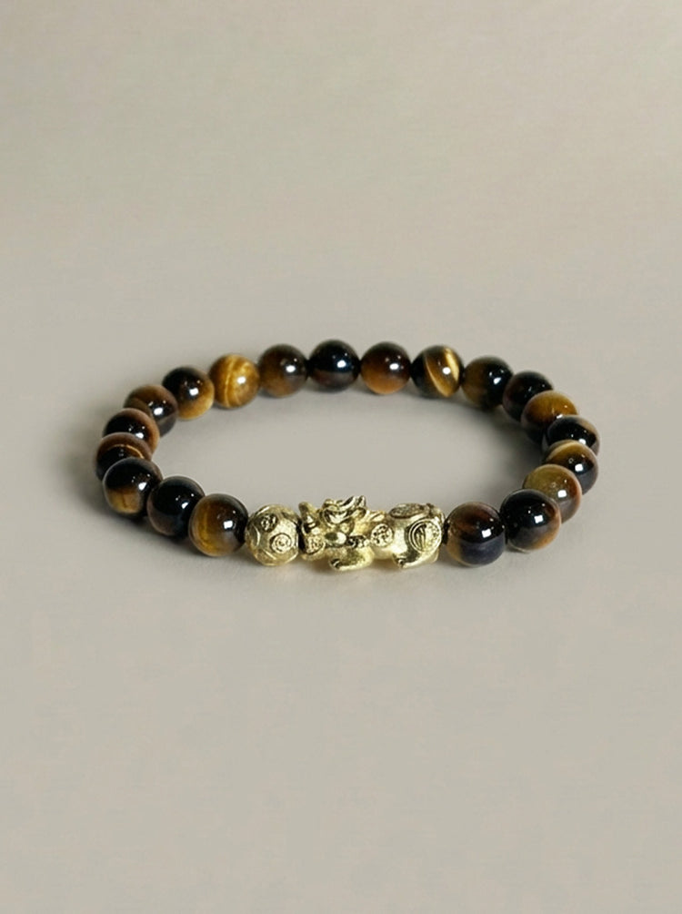 AAA Natural Tiger Eye Pixiu Bracelet · 999 Fine Silver · 18K Gold Plated · Dragon Ball Feng Shui Wealth Bracelet