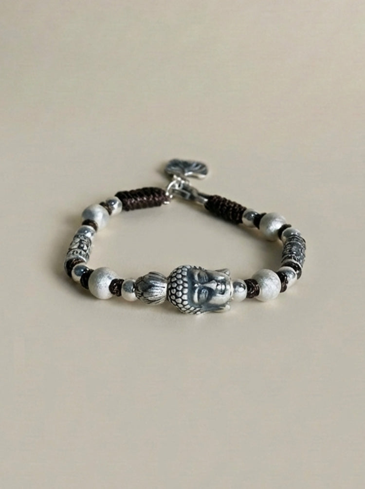 999 Fine Silver Buddha Head Bracelet | Handcrafted Buddhist Charm Bead Bracelet