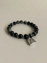 AAA Natural Black Obsidian Buddha Bracelet · 925 Sterling Silver Bulguksa Buddha Pendant · Buddhist Prayer Bead Bracelet