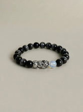 AAA Natural Black Obsidian Pixiu Bracelet · 999 Fine Silver · Moonstone · Feng Shui Wealth Protection Bracelet
