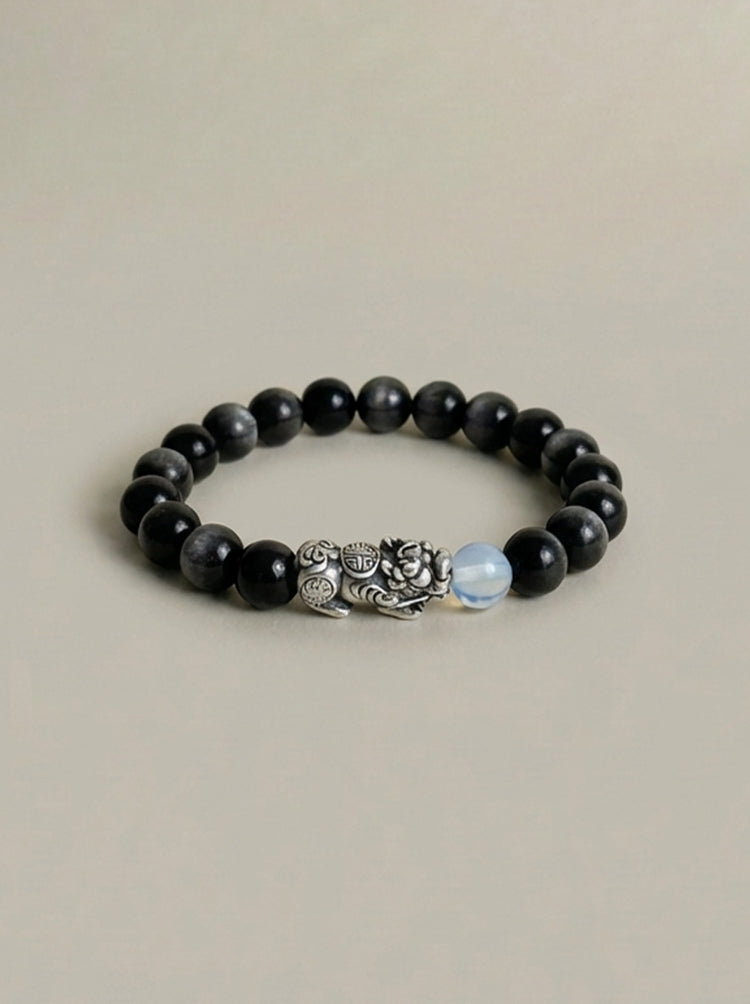 AAA Natural Black Obsidian Pixiu Bracelet · 999 Fine Silver · Moonstone · Feng Shui Wealth Protection Bracelet