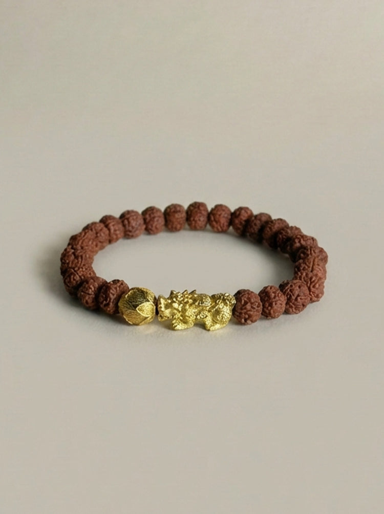 Bodhi Seed Pixiu Bracelet · Gold Plated Charm · Buddhist Prayer Bead Mala · Handcrafted Protection Bracelet