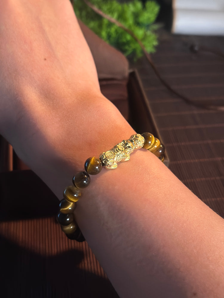 AAA Natural Tiger Eye Pixiu Bracelet · 999 Fine Silver · 18K Gold Plated · Dragon Ball Feng Shui Wealth Bracelet