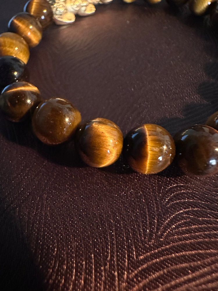 AAA Natural Tiger Eye Pixiu Bracelet · 999 Fine Silver · 18K Gold Plated · Dragon Ball Feng Shui Wealth Bracelet