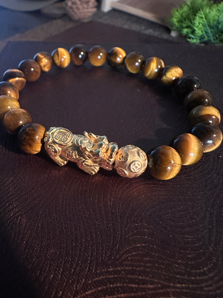 AAA Natural Tiger Eye Pixiu Bracelet · 999 Fine Silver · 18K Gold Plated · Dragon Ball Feng Shui Wealth Bracelet