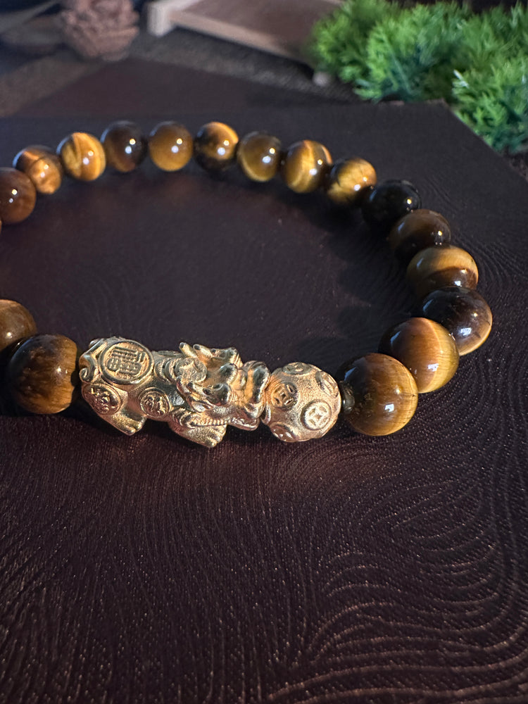 AAA Natural Tiger Eye Pixiu Bracelet · 999 Fine Silver · 18K Gold Plated · Dragon Ball Feng Shui Wealth Bracelet