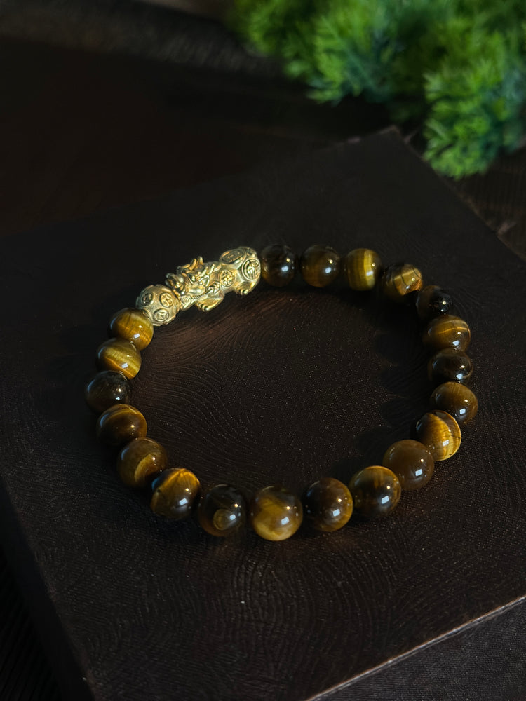 AAA Natural Tiger Eye Pixiu Bracelet · 999 Fine Silver · 18K Gold Plated · Dragon Ball Feng Shui Wealth Bracelet