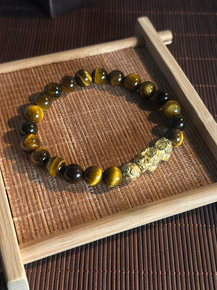 AAA Natural Tiger Eye Pixiu Bracelet · 999 Fine Silver · 18K Gold Plated · Dragon Ball Feng Shui Wealth Bracelet