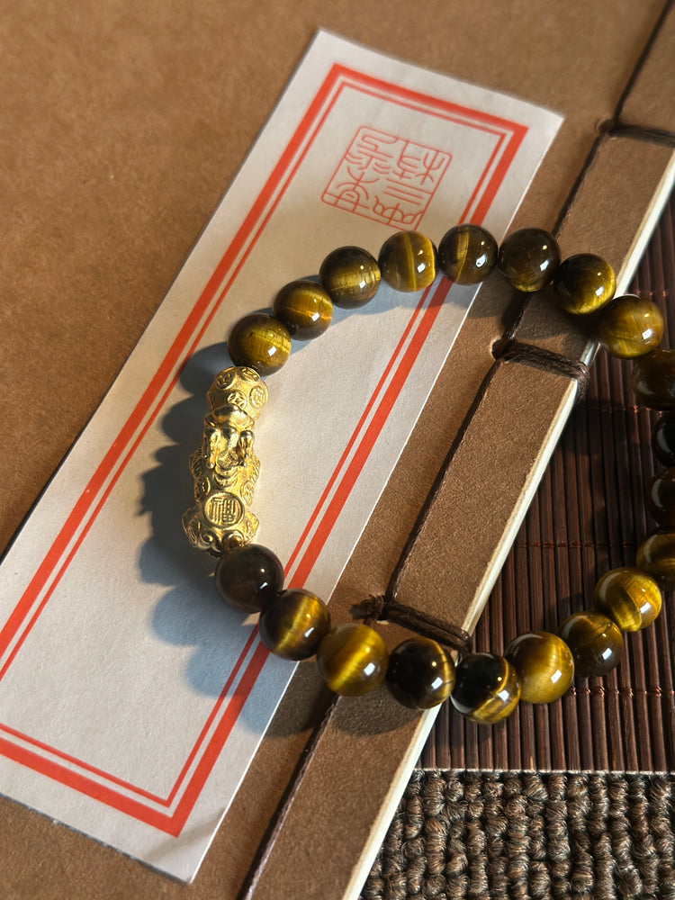AAA Natural Tiger Eye Pixiu Bracelet · 999 Fine Silver · 18K Gold Plated · Dragon Ball Feng Shui Wealth Bracelet
