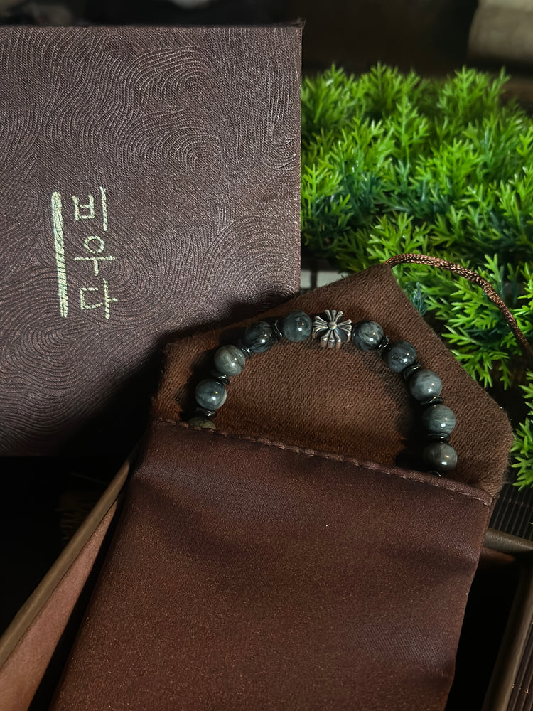 AAA Natural Eagle Eye Hawk Eye Bracelet · 925 Sterling Silver Cross Charm · Handcrafted Protection Bracelet