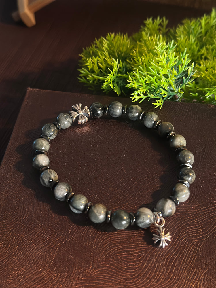 AAA Natural Eagle Eye Hawk Eye Bracelet · 925 Sterling Silver Cross Charm · Handcrafted Protection Bracelet