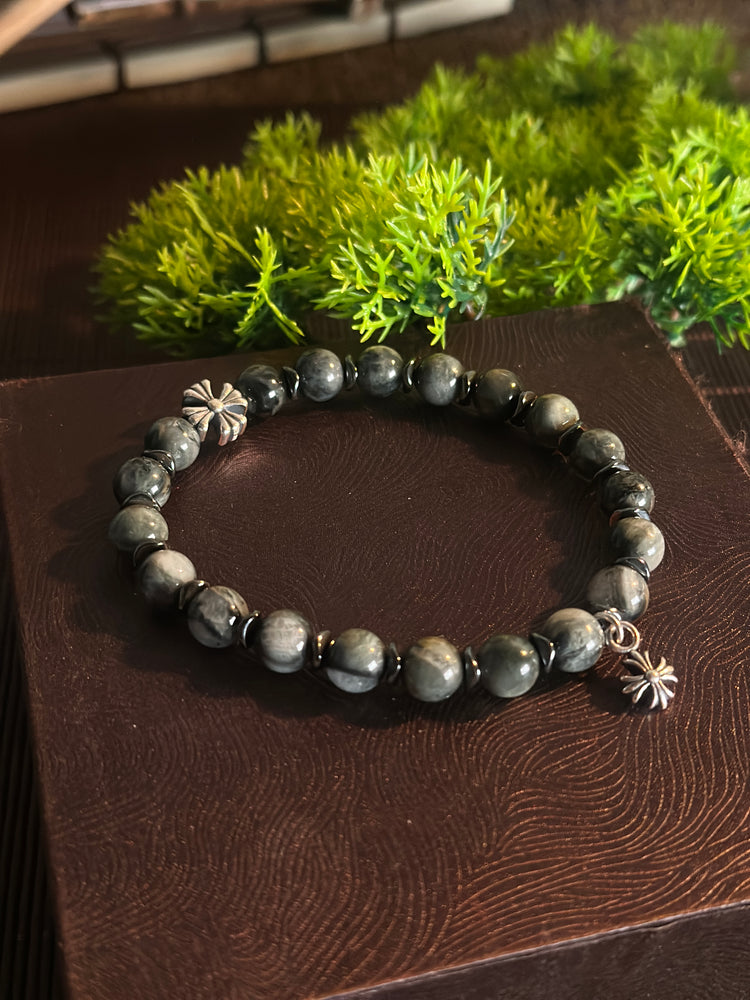 AAA Natural Eagle Eye Hawk Eye Bracelet · 925 Sterling Silver Cross Charm · Handcrafted Protection Bracelet