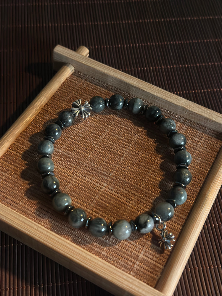 AAA Natural Eagle Eye Hawk Eye Bracelet · 925 Sterling Silver Cross Charm · Handcrafted Protection Bracelet