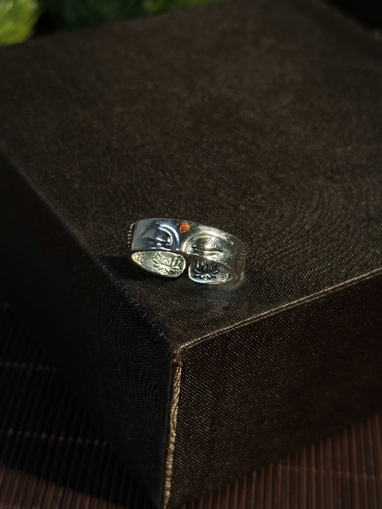 925 Sterling Silver Buddha Face Sutra Ring | Handcrafted Buddhist Mantra Open Band