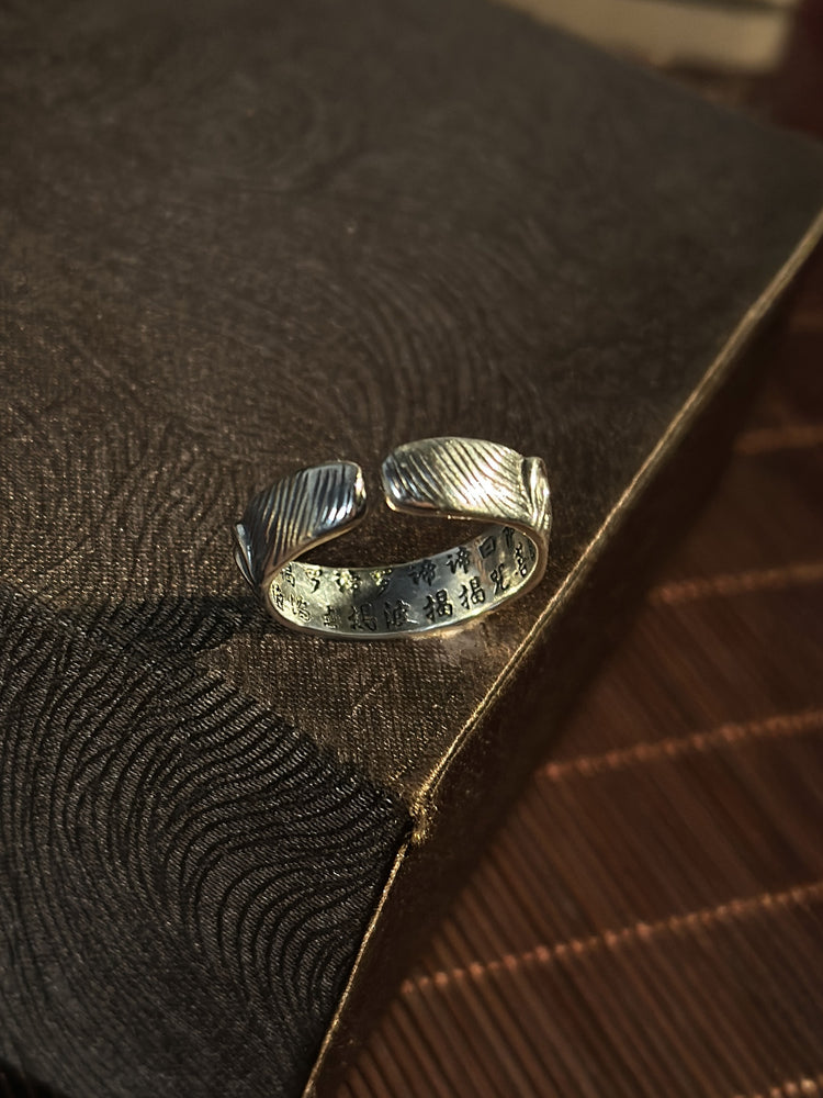 925 Sterling Silver Buddha Face Sutra Ring | Handcrafted Buddhist Mantra Open Band
