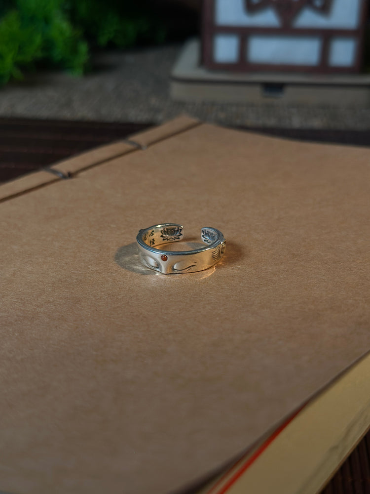 925 Sterling Silver Buddha Face Sutra Ring | Handcrafted Buddhist Mantra Open Band