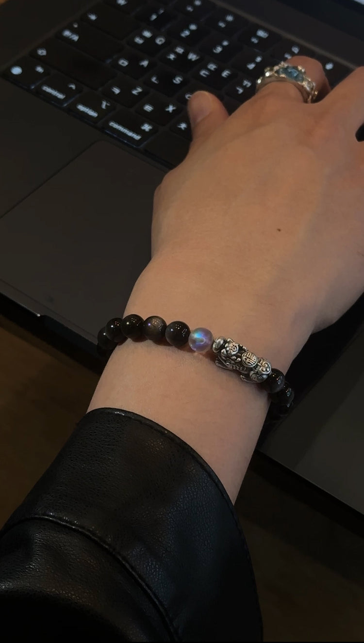 AAA Natural Black Obsidian Pixiu Bracelet · 999 Fine Silver · Moonstone · Feng Shui Wealth Protection Bracelet