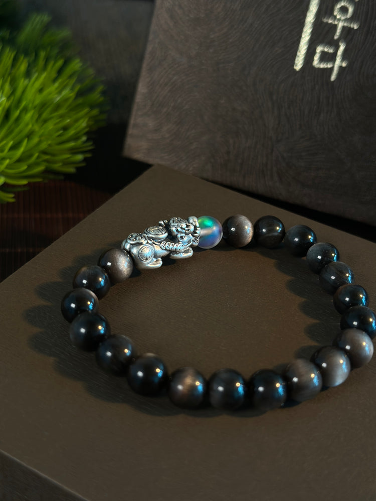 AAA Natural Black Obsidian Pixiu Bracelet · 999 Fine Silver · Moonstone · Feng Shui Wealth Protection Bracelet
