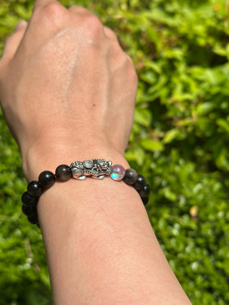 AAA Natural Black Obsidian Pixiu Bracelet · 999 Fine Silver · Moonstone · Feng Shui Wealth Protection Bracelet