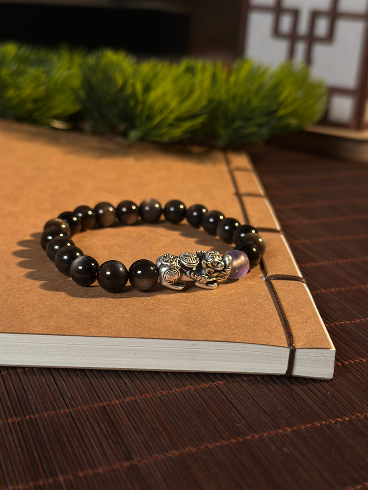 AAA Natural Black Obsidian Pixiu Bracelet · 999 Fine Silver · Moonstone · Feng Shui Wealth Protection Bracelet