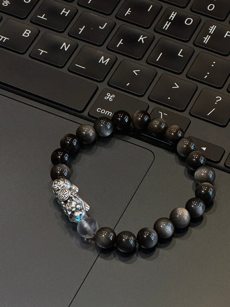 AAA Natural Black Obsidian Pixiu Bracelet · 999 Fine Silver · Moonstone · Feng Shui Wealth Protection Bracelet