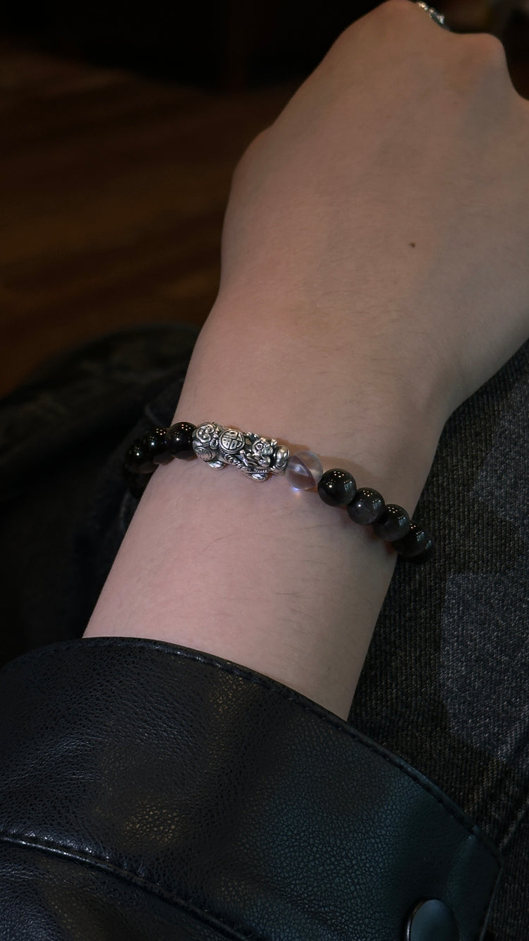 AAA Natural Black Obsidian Pixiu Bracelet · 999 Fine Silver · Moonstone · Feng Shui Wealth Protection Bracelet